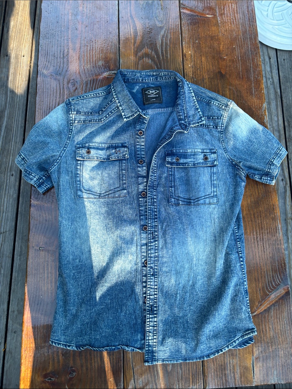 Denim Short Sleeve Button-Down Shirt - Blue